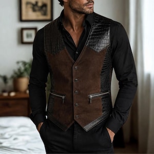 May include: A waistcoat featuring a brown suede centre panel and black crocodile-textured leather side panels. The garment includes a five-button front closure and two horizontal zippered pockets at the waist, worn over a black long-sleeve button-down shirt.