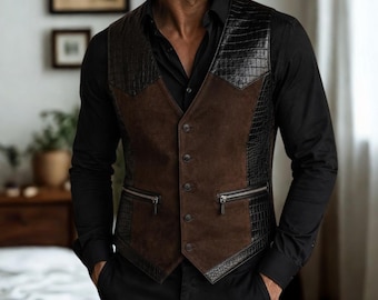 Men’s Crocodile Leather Vest | Brown & Black Western Waistcoat | Luxury Leather Biker Vest | Handmade Vintage Cowboy Vest