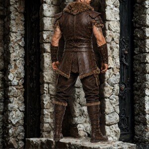 May include: A brown leather vest with fur trim at the shoulders and collar, featuring studded details and a structured waist belt. The outfit includes matching leather arm bracers, trousers, and tall lace-up boots with fur accents at the cuffs.