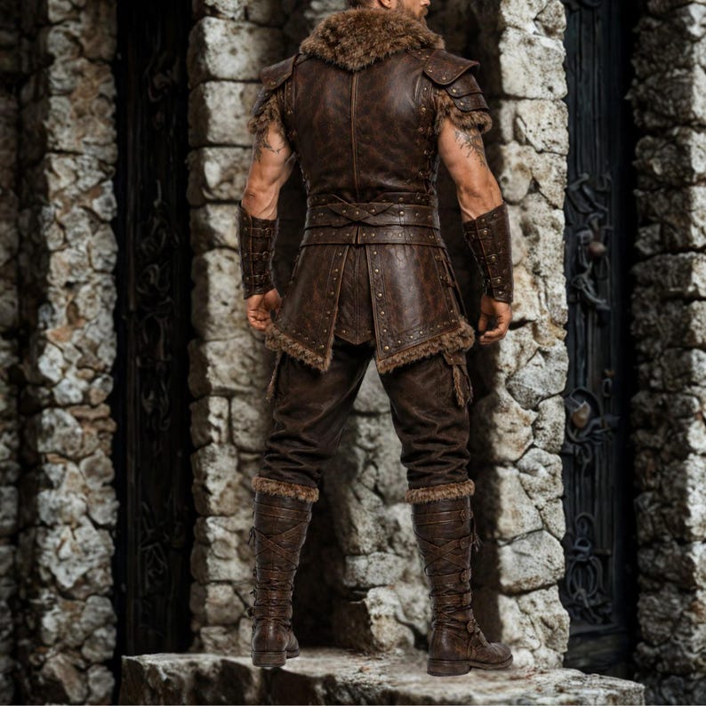 May include: A brown leather vest with fur trim at the shoulders and collar, featuring studded details and a structured waist belt. The outfit includes matching leather arm bracers, trousers, and tall lace-up boots with fur accents at the cuffs.