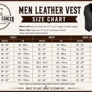 May include: A size chart for a leather vest featuring a black vest illustration, the Leather Cancer logo, and a table listing sizes from XS to 5XL with chest, waist, and body length measurements in inches and centimetres for tall and slim fits.
