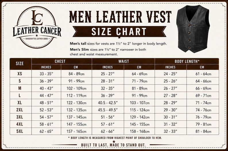 May include: A size chart for a leather vest featuring a black vest illustration, the Leather Cancer logo, and a table listing sizes from XS to 5XL with chest, waist, and body length measurements in inches and centimetres for tall and slim fits.