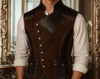 Gilet médiéval en cuir marron pour homme | Gilet Renaissance bicolore | Gilet gothique steampunk | Gilet de pirate (cadeau)
