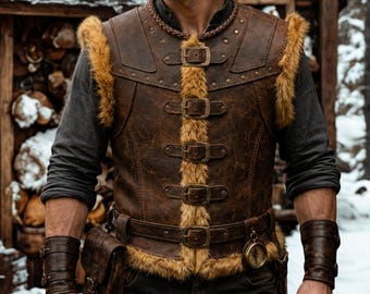 Gilet viking marron en cuir pour homme, gilet de guerrier à bordure en fourrure, armure médiévale pour GN, costume nordique, tenue pour reconstitution historique, cadeau cosplay fantastique
