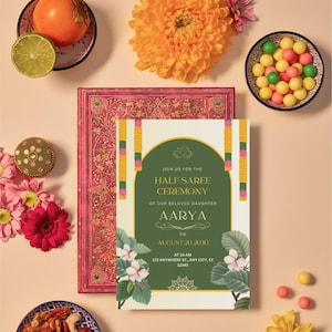 Modello di invito per la cerimonia del mezzo sari / Invito modificabile su Canva / Invito Langa Voni / Download digitale per la cerimonia dell'India meridionale