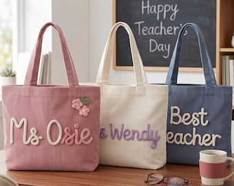 Personalized Corduroy Teacher Tote Bag, Custom Birthday Teacher Gift,  Personalized Season End Gift, Custom Travel School Tote