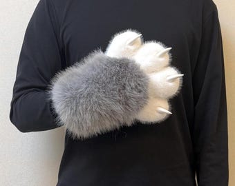 Flauschige Grau Weiße Kunstpelz Katze Fursuit Pfoten, Quietschige Wolfshände mit Krallen, Handgemachtes Pelztier Teil, Teens & Cosplayer Geburtstagsgeschenk