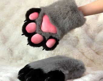 Custom Gray Faux Fur Animal Paws, Squeaky Pink Beans & Black Claws Gloves for Comic Con, Halloween Costume Idea, Kawaii Roleplay Prop Outfit
