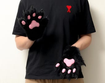 Realistic Black 5-Finger Wolf Paws with Claw, Fursuit Partial Gear for Roleplay, Spooky Animal Gloves for Halloween, Gothic Festival Costume