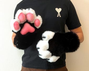 Fluffy Hand-Sewn Black & White Animal Gloves, Custom Furry Cosplay Paws with Squeaky Pink Pads and Claws, Cozy Kigurumi Hands, Roleplay Gear