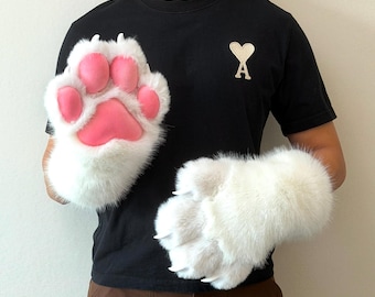 Handmade Squeaky White Furry Paws with Pink Pads, Fluffy Animal Hand Gloves for Cosplay, Convention Accessory for Anime Fan, Festival Wear