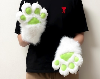 Custom Fluffy White Fursuit Paws with Neon Green Pad, Cute Cosplay Gloves for Anime Fans, Halloween Party Costume, Kawaii Animal Paw Mittens