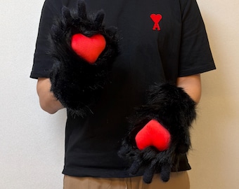 2-Piece Black Furry Paws with Squeaky Red Heart Pads, Dexterous 5-Finger Fursuit Gloves, Fursona Cosplay Gear, Gothic Halloween Costume Gift