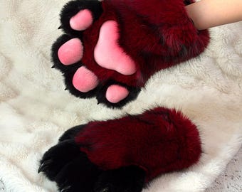 Handmade Custom Faux Fur Animal Paws, Red & Black Furry Gloves, Cosplay and Therian Costume Piece, Halloween Gift for Teens, Fun Party Props