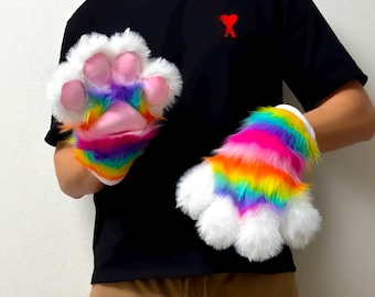 Vibrant Rainbow Furry Paws, Handcrafted Pride Cosplay Fursuit Gloves, Fluffy Animal Costume Hands for Conventions, Halloween, Gifts, & Raves