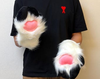 Realistic Cartoon Style Goat Hooves, Furry Sheep Paws for Convention & Dress-up, Fuzzy Black Hoof Mittens with Pink Pads, Cozy Animal Gloves