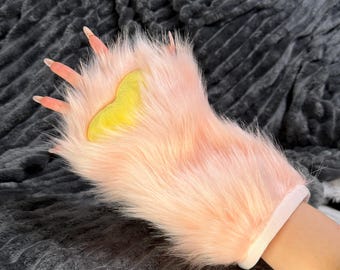 Peach Pink Fingerless Fursuit Paws, Squishy Pastel Goth Gloves for Rave Festival & Halloween, Free Movement Faux Fur Handpaws for Comic Con