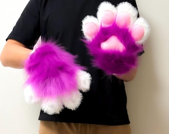 Handmade Neon Purple Fursuit Paws, Vibrant Furry Costume Gloves for Halloween, Fluffy Animal Hand Paws for Cosplayers, Raves & Anime Cons
