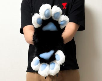 Handmade Custom Fursuit Paws for Anime Con, Fluffy Black & Blue Faux Fur Gloves for Furry Fandom, Halloween Party Gear, Teens Trendy Gift