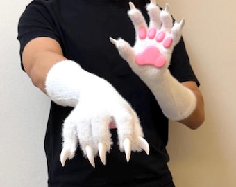 Realistic Form-Fitting Fursuit Paws, Furry Cosplay Gloves for Therians & Anime Fans, Halloween Party Costume, Flexible White Monster Claws