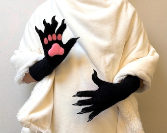 Handmade Snug Fit Animal Paw Gloves, Gothic Black Cat Paws with Long Claws, Spooky Halloween Party Costume, Kawaii Gift for Furries & Gamers