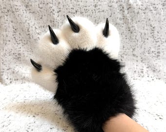 Fluffy Black White Faux Fur Paw Gloves, Handmade Cat Paw Mitts With Claws, Cute Neko Fursuit Paws, Kawaii Animal Cosplay Costume Accessory