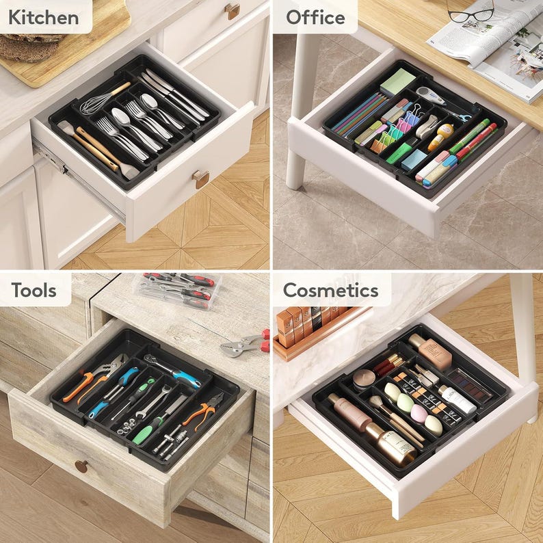 May include: Four drawer organizers, each filled with different items. The top left drawer contains kitchen utensils. The top right drawer holds office supplies. The bottom left drawer is filled with tools. The bottom right drawer contains cosmetics.