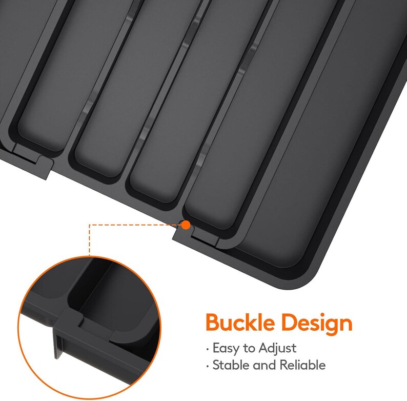 May include: A close-up of a black plastic organizer with multiple rectangular compartments. The image highlights the buckle design, with text stating it's easy to adjust and stable. The organizer is designed for storage.