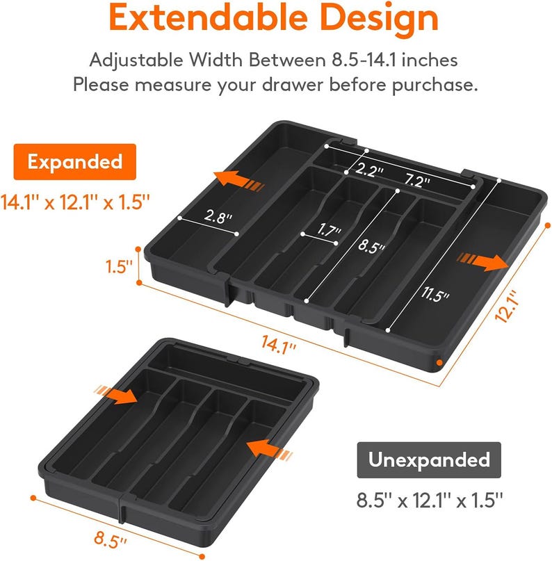 May include: Black extendable drawer organizer with dimensions labeled. The expanded size is 14.1 x 12.1 x 1.5 inches, and the unexpanded size is 8.5 x 12.1 x 1.5 inches. Text reads: Extendable Design. Adjustable Width Between 8.5-14.1 inches.