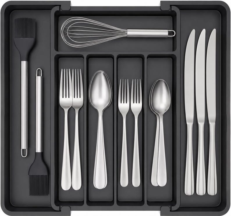 May include: A dark gray kitchen utensil organizer filled with stainless steel silverware, including forks, spoons, and knives. A whisk and two silicone basting brushes are also visible. The organizer is designed to keep kitchen tools neatly arranged.