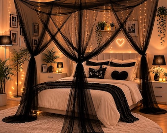 Black Bed Canopy Mosquito Net Queen King Full Size, 4 Corner Gothic Canopy Bed Curtains, Bedroom Decor Indoor Outdoor Patio