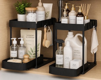 Under Sink Organizer 2 Pack Pull Out Under Sink Storage Rack 2 Tier Under Cabinet Shelf Kitchen Bathroom Sink Organizer Black