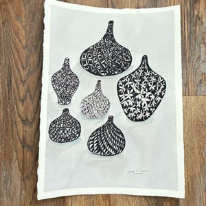 May include: A black and white ink drawing on paper featuring six distinct vase shapes with varied intricate patterns. The artwork displays a light gray background and includes the handwritten text "Warren E. Plauche 11/16/2020" in the bottom right corner.