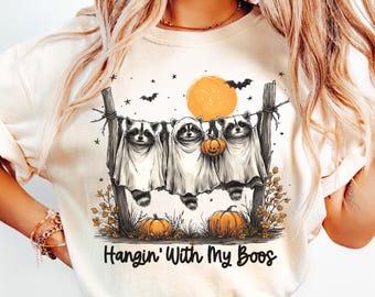 Camiseta de Halloween de fantasma mapache, Camiseta "Pasando el rato con mis fantasmas", Camiseta linda de fantasma mapache, Camiseta divertida de Halloween de mapache, Camiseta linda de Halloween