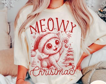 Camiseta navideña Meowy, Camiseta navideña de gato Meowy, Camiseta navideña para mamás de gatos, Camiseta navideña para amantes de los gatos Meowy, Regalo navideño Meowy
