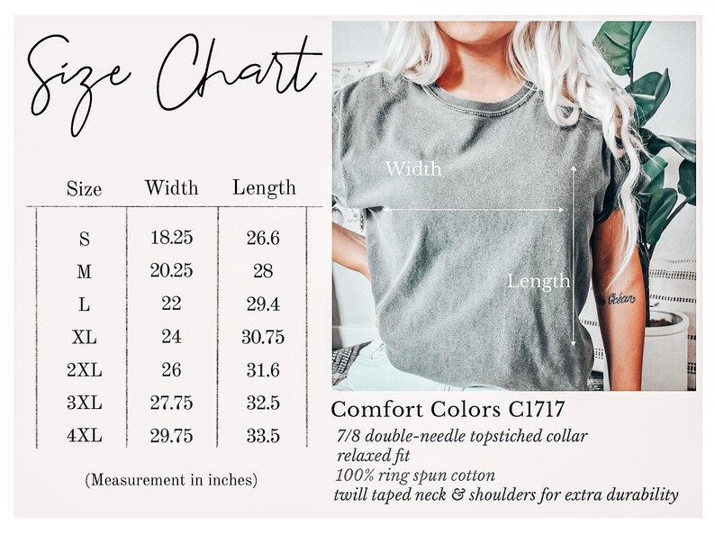 Puede incluir: Tabla de tallas con medidas en pulgadas para una camiseta Comfort Colors C1717. La tabla enumera las tallas S a 4XL, con las medidas de ancho y largo correspondientes. La imagen tambi&eacute;n muestra a una persona usando la camiseta.