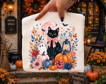 Spooky Season Shirt, Halloween Girly Shirt, Black Cat Shirt, Black Cat Lover Shirt, Cute Fall Floral Tee, Boho Floral Fall Tee