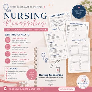 Nursing Necessities Bundle: Cheat Sheets Printable, Brain Sheet, Shift Checklist, SBAR, Study template