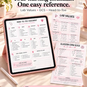 Peut inclure: Une tablette numérique et deux feuilles imprimées affichant des listes de contrôle d'évaluation infirmière, des valeurs de laboratoire et l'échelle de coma de Glasgow. Les documents présentent des accents roses, des icônes médicales et des tableaux.