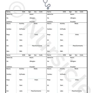 Pode incluir: Um gráfico médico branco com várias seções para informações do paciente, incluindo nome, histórico médico e sinais vitais. Um gráfico de estetoscópio está no topo. O gráfico foi projetado para registrar dados do paciente.
