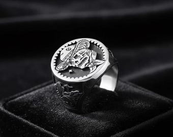 Stainless Steel Skull Engraved Signet Ring, Statement Biker Jewelry