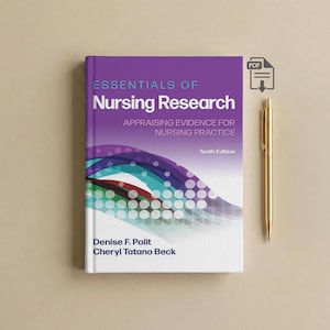 May include: A book titled "Essentials of Nursing Research" with a purple cover and white text. The book is next to a gold pen and a PDF icon. The book's subtitle is "Appraising Evidence for Nursing Practice".