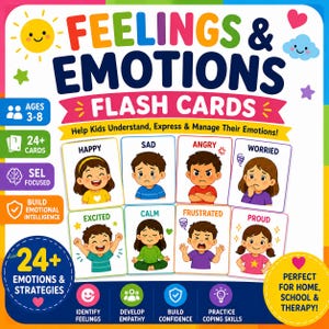 Peut inclure: Jeu de cartes flash colorées pour enfants de 3 à 8 ans, conçu pour les aider à comprendre et à gérer leurs émotions. Les cartes présentent des illustrations d'enfants exprimant des sentiments comme la joie, la tristesse et la colère. L'ensemble comprend 24+ cartes.