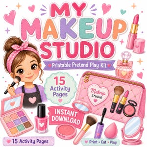 Puede incluir: Un kit de juego de maquillaje imprimible My Makeup Studio con un personaje de dibujos animados con diadema rosa, paleta de maquillaje, esmalte de uñas, neceser rosa acolchado, brochas, pintalabios, espejo y 15 páginas de actividades.