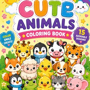 Utskrivbar kawaii målarbok | Målarbilder med djurungar | Aktivitetsblad för förskola i PDF-format | 15 enkla designer