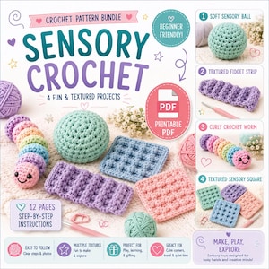 Può includere: Un set di schemi per uncinetto intitolato Sensory Crochet che include quattro progetti: una palla sensoriale verde menta, una striscia testurizzata, un verme all'uncinetto riccio multicolore con un volto e un quadrato sensoriale testurizzato. 12 pagine.