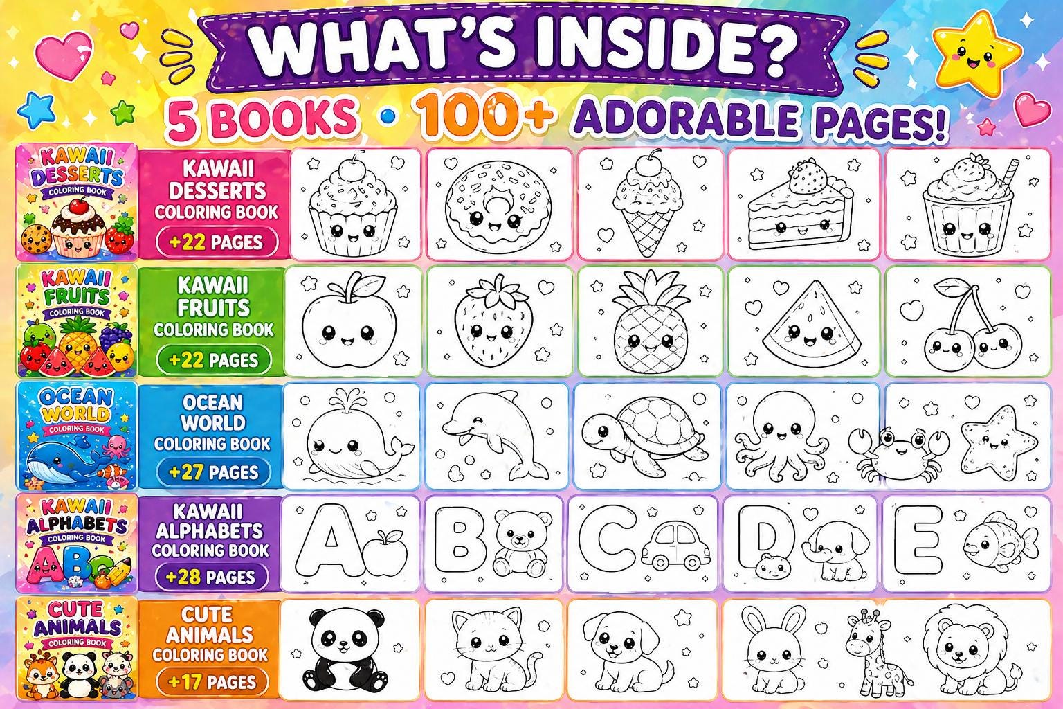 Printable Kawaii Coloring Book Bundle for Kids | 100+ Coloring Pages ...
