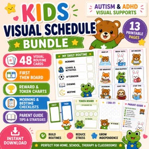 May include: A colorful visual schedule bundle for kids with autism and ADHD. Includes 48 visual routine cards, reward charts, checklists, and a parent guide. Features cute animal illustrations and the text "KIDS VISUAL SCHEDULE BUNDLE".