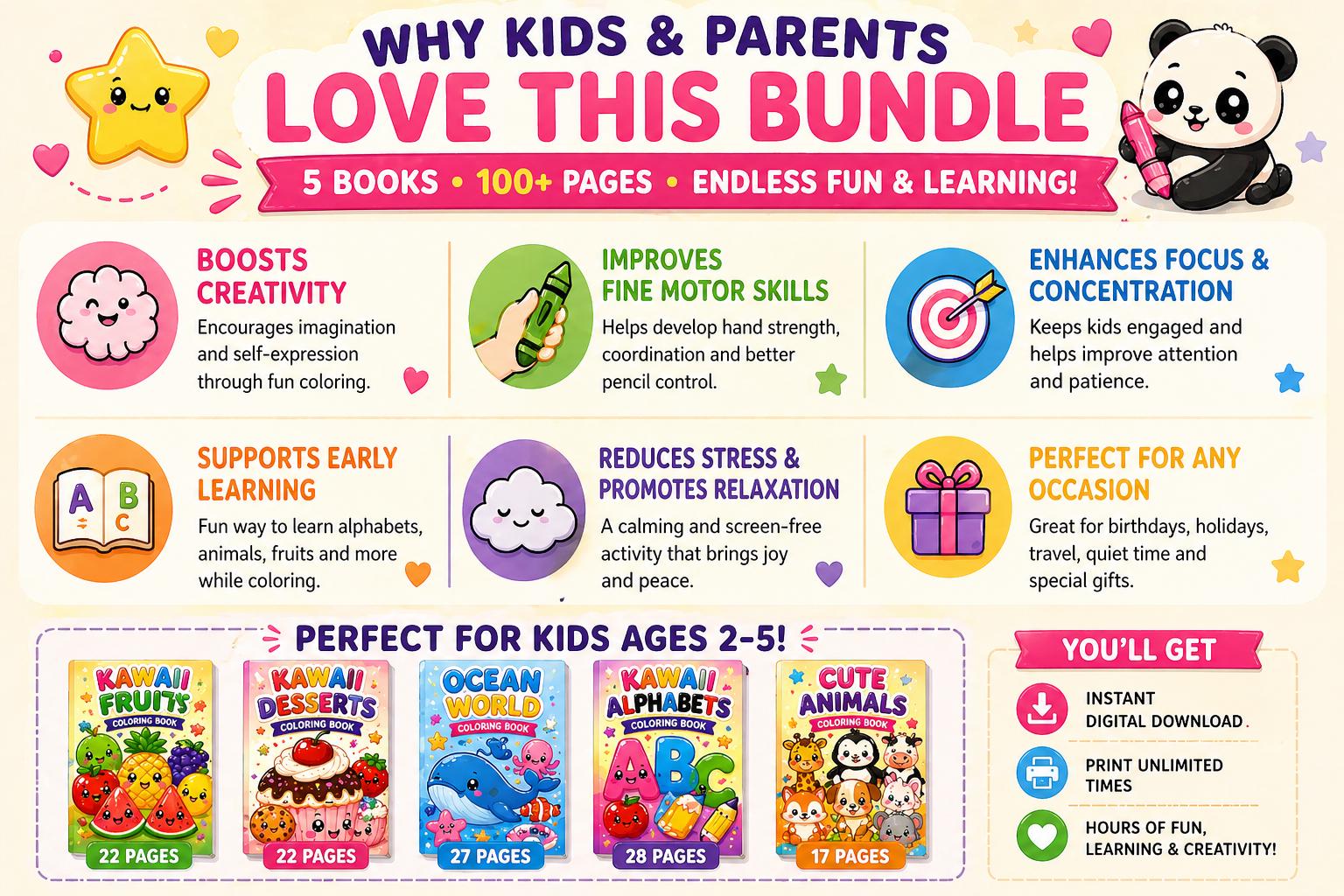 Printable Kawaii Coloring Book Bundle for Kids | 100+ Coloring Pages ...