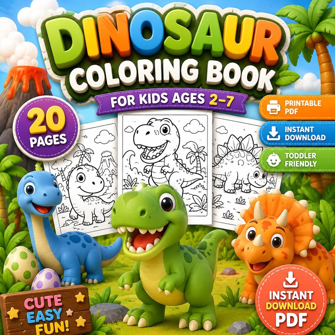 Printable Dinosaur Coloring Book for Kids Ages 2–7 | 20 Fun Dino Pages ...